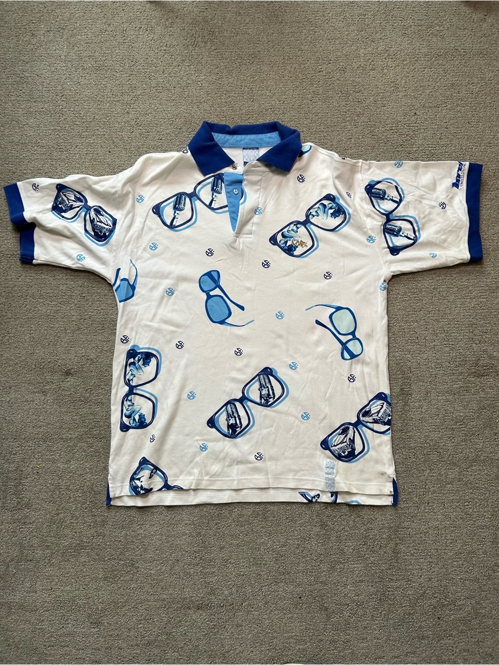 Vintage Bare Fox Urban Y2K Polo Shirt Mens 2XL Blue Hollywood Sunglasses AOP